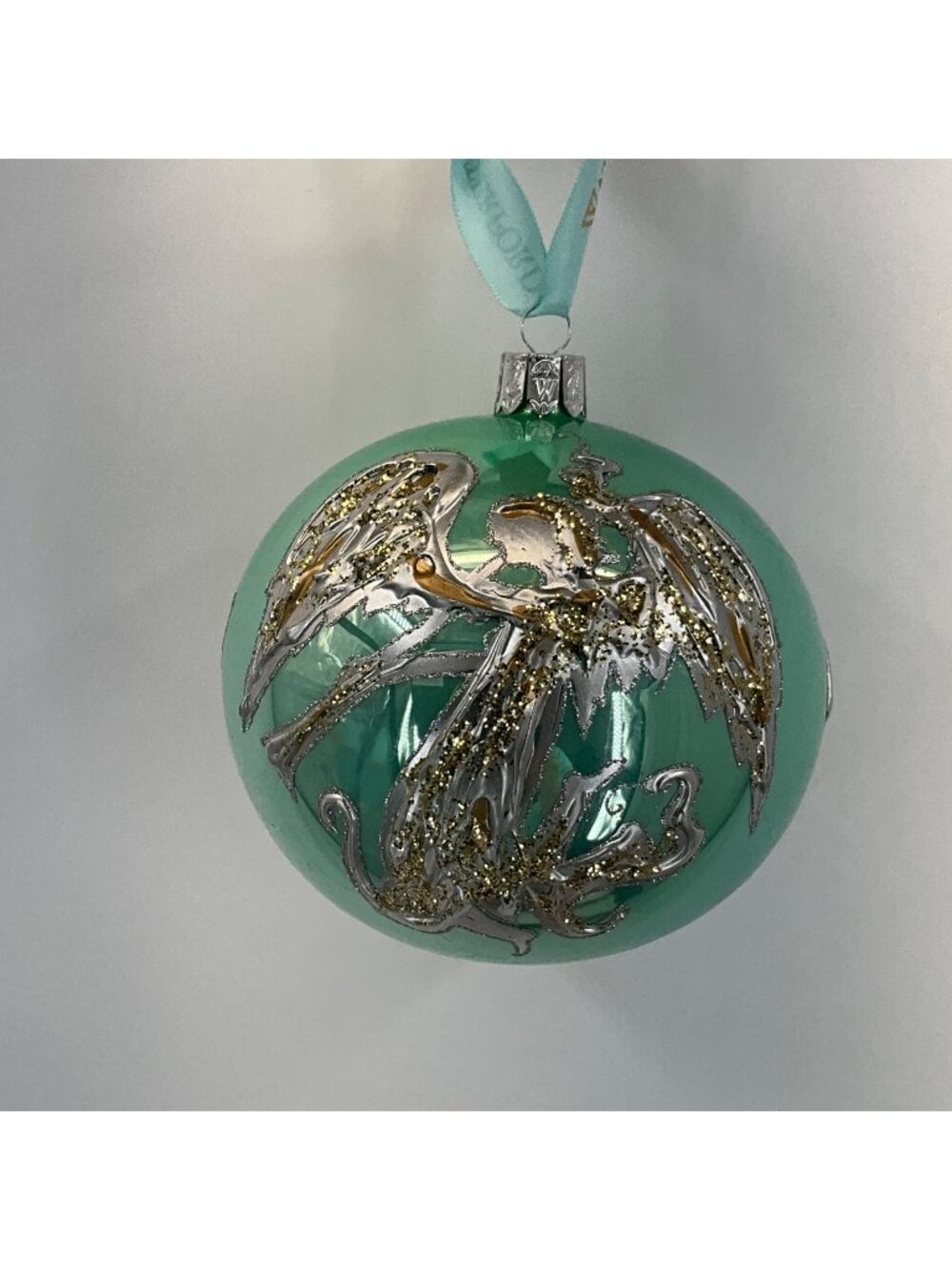 Waterford Holiday Heirlooms Trumpeting Angel Ornament 2004 Green & Gold Glass Wi